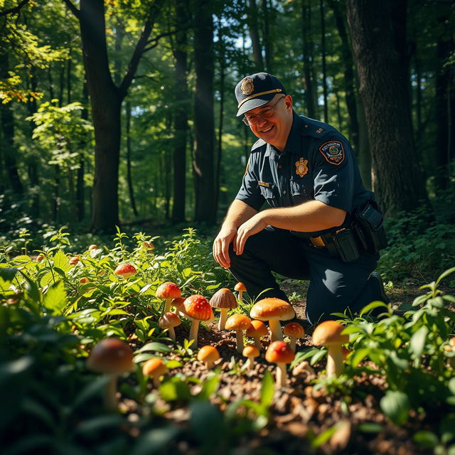 A humorous scene depicting a policeman in full uniform joyfully searching for mushrooms in a lush green forest