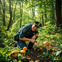 A humorous scene depicting a policeman in full uniform joyfully searching for mushrooms in a lush green forest