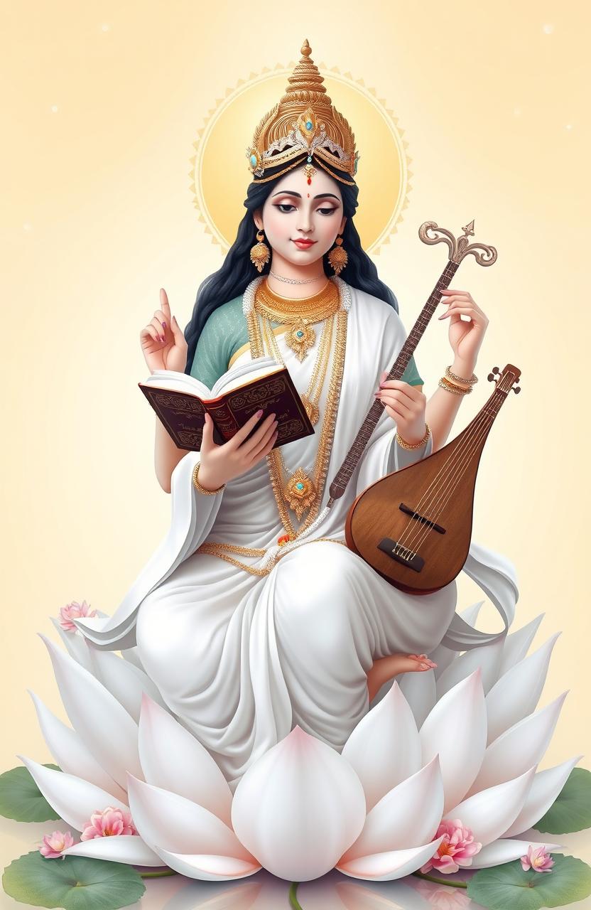 A beautifully depicted Goddess Saraswati, the Hindu goddess of knowledge, music, art, wisdom, and learning