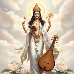 A magnificent depiction of Goddess Saraswati, the Hindu goddess of wisdom and learning, standing gracefully