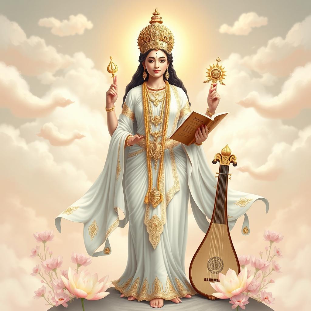 A magnificent depiction of Goddess Saraswati, the Hindu goddess of wisdom and learning, standing gracefully