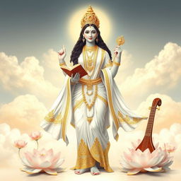 A magnificent depiction of Goddess Saraswati, the Hindu goddess of wisdom and learning, standing gracefully