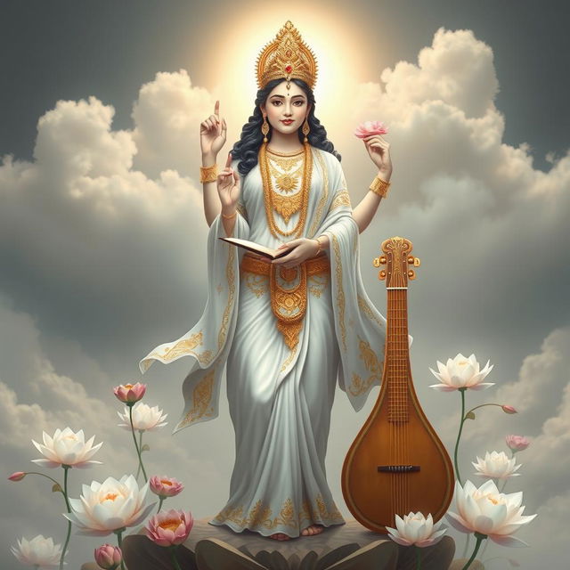 A magnificent depiction of Goddess Saraswati, the Hindu goddess of wisdom and learning, standing gracefully