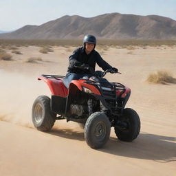 An exciting image of Bruce Willis and Suzanne Clement in the desert, driving a Honda Foretrax across the sandy landscape.