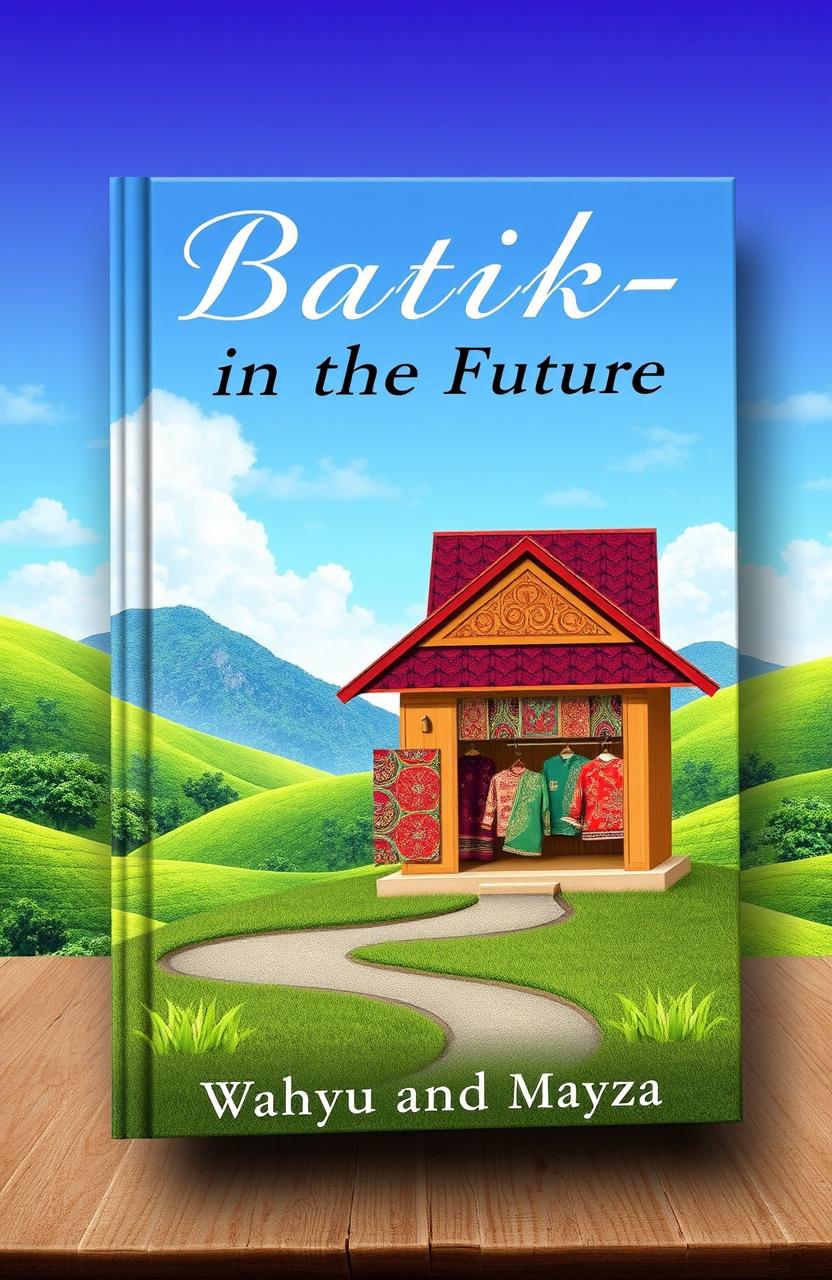 A book cover for 'Batik-in the Future' featuring a simple batik shop set against a beautiful landscape