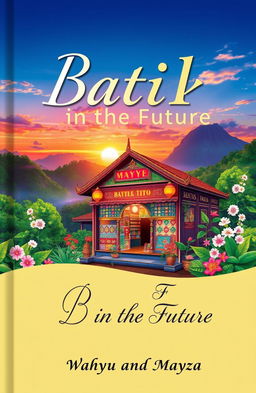 A book cover titled "Batik-in the Future" featuring a vibrant and aesthetic illustration of a batik shop surrounded by beautiful scenic views