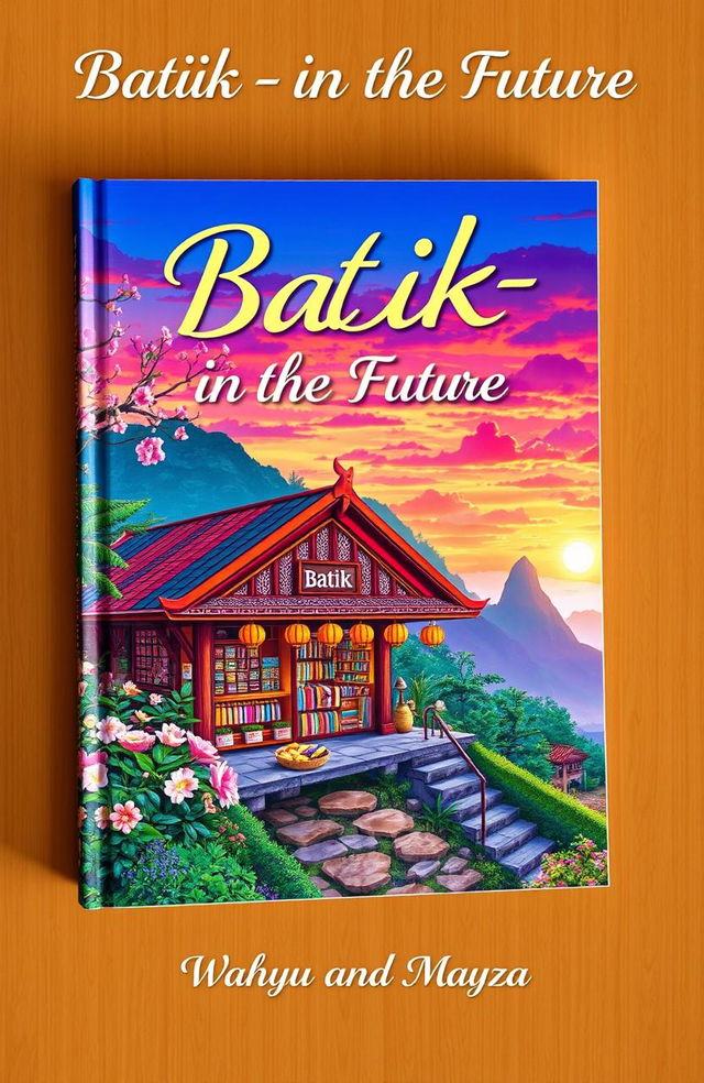 A book cover titled "Batik-in the Future" featuring a vibrant and aesthetic illustration of a batik shop surrounded by beautiful scenic views