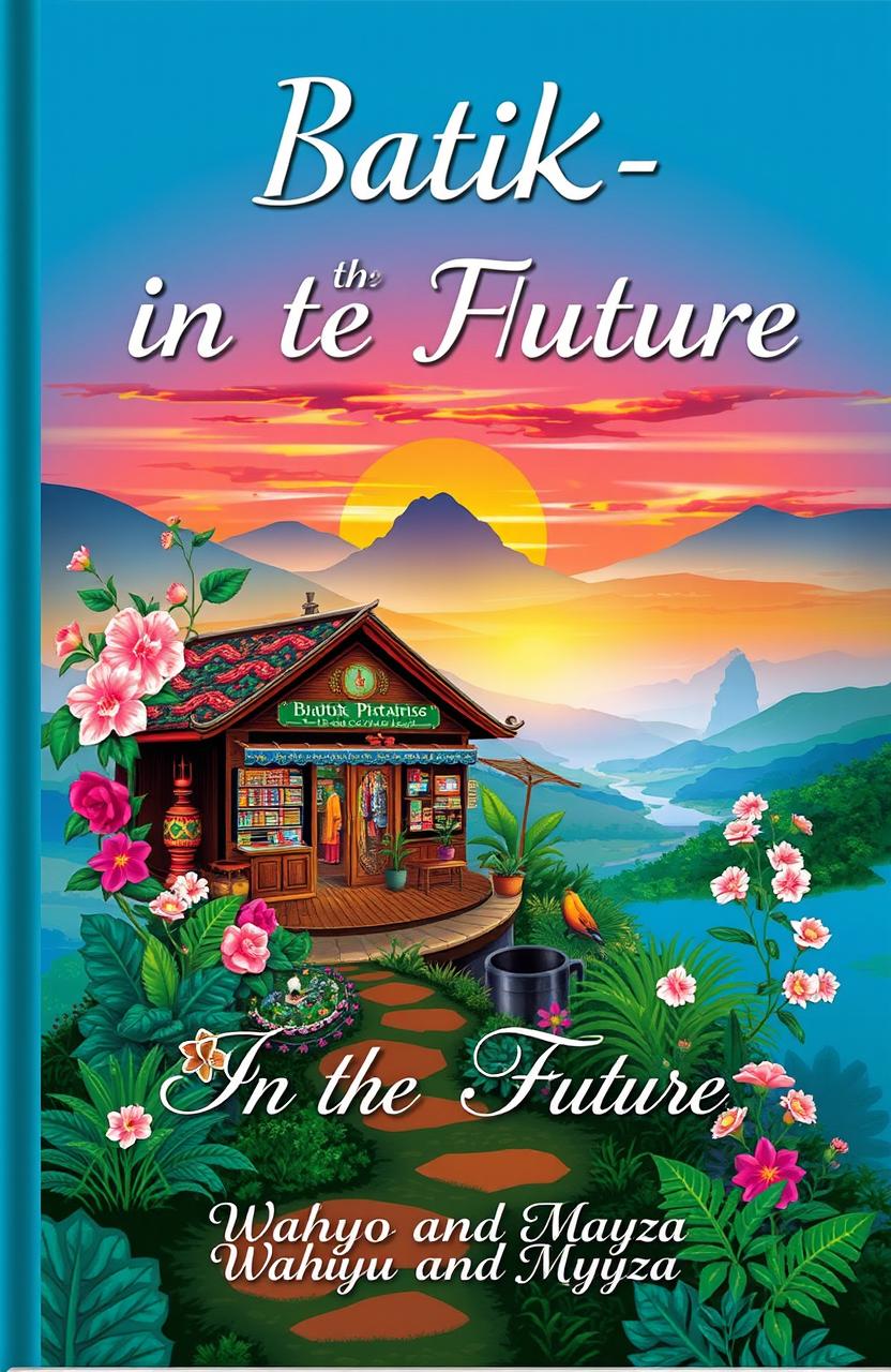 A book cover titled "Batik-in the Future" featuring a vibrant and aesthetic illustration of a batik shop surrounded by beautiful scenic views