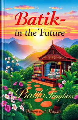 A book cover titled "Batik-in the Future" featuring a vibrant and aesthetic illustration of a batik shop surrounded by beautiful scenic views