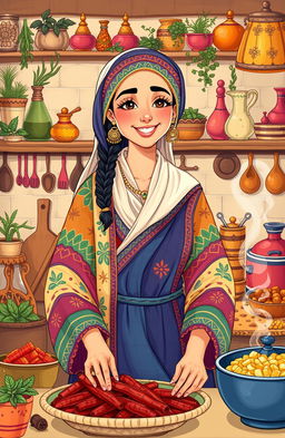 A vibrant and engaging illustration of a traditional Middle Eastern or North African woman, dressed in colorful, intricate clothing, with expressive features and warm smile