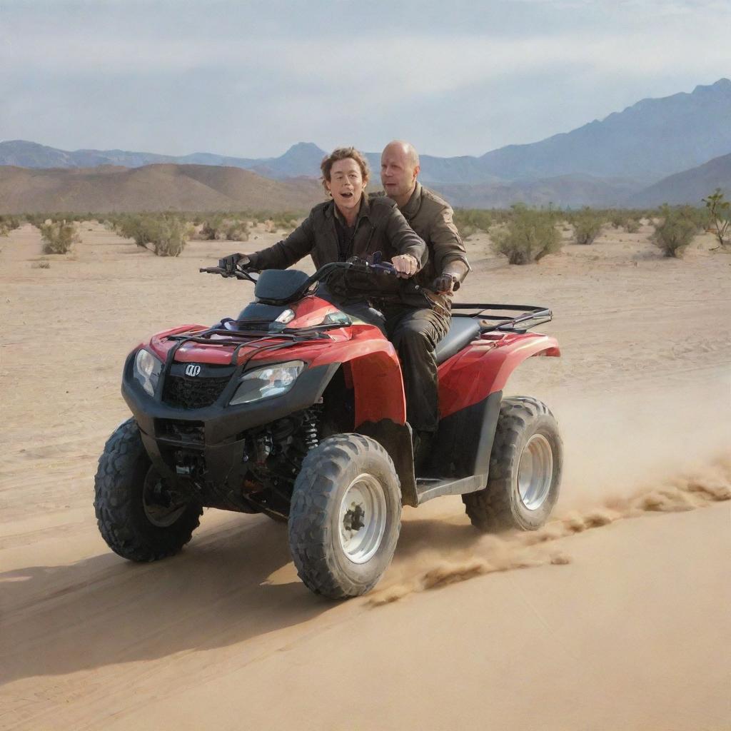 An exciting image of Bruce Willis and Suzanne Clement in the desert, driving a Honda Foretrax across the sandy landscape.