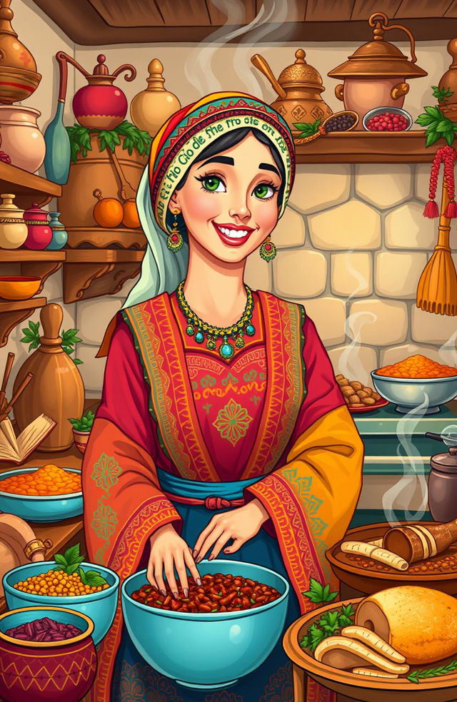 A vibrant and engaging illustration of a traditional Middle Eastern or North African woman, dressed in colorful, intricate clothing, with expressive features and warm smile