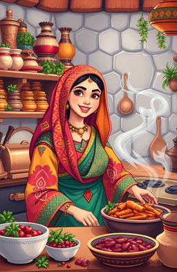 A vibrant and engaging illustration of a traditional Middle Eastern or North African woman, dressed in colorful, intricate clothing, with expressive features and warm smile