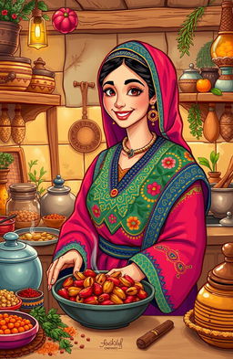 A vibrant and engaging illustration of a traditional Middle Eastern or North African woman, dressed in colorful, intricate clothing, with expressive features and warm smile