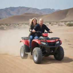 An exciting image of Bruce Willis and Suzanne Clement in the desert, driving a Honda Foretrax across the sandy landscape.