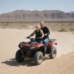 An exciting image of Bruce Willis and Suzanne Clement in the desert, driving a Honda Foretrax across the sandy landscape.