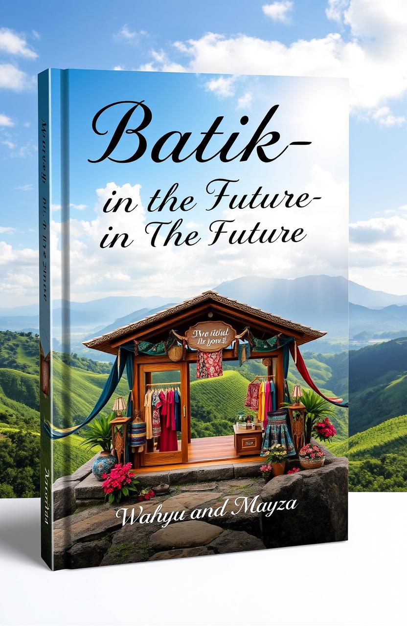 Aesthetic book cover for the title 'Batik-in The Future', featuring a beautifully designed batik shop surrounded by stunning scenery