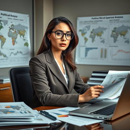 A modern and professional depiction of a Middle Eastern or North African woman in a smart business outfit, sitting at a desk surrounded by various political analysis materials such as reports, maps, and a laptop