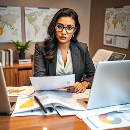 A modern and professional depiction of a Middle Eastern or North African woman in a smart business outfit, sitting at a desk surrounded by various political analysis materials such as reports, maps, and a laptop