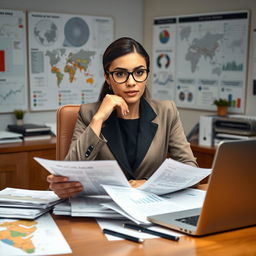 A modern and professional depiction of a Middle Eastern or North African woman in a smart business outfit, sitting at a desk surrounded by various political analysis materials such as reports, maps, and a laptop