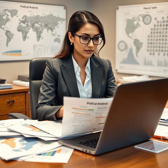 A modern and professional depiction of a Middle Eastern or North African woman in a smart business outfit, sitting at a desk surrounded by various political analysis materials such as reports, maps, and a laptop