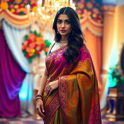 Dua Lipa, elegantly dressed in a vibrant saree adorned with intricate patterns, showcasing a blend of traditional and modern styles