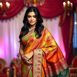 Dua Lipa, elegantly dressed in a vibrant saree adorned with intricate patterns, showcasing a blend of traditional and modern styles