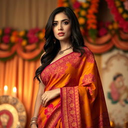 Dua Lipa, elegantly dressed in a vibrant saree adorned with intricate patterns, showcasing a blend of traditional and modern styles