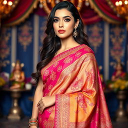 Dua Lipa, elegantly dressed in a vibrant saree adorned with intricate patterns, showcasing a blend of traditional and modern styles