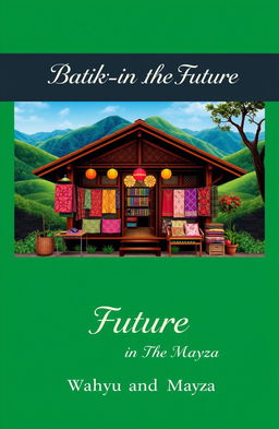 An aesthetic book cover for the title 'Batik-in The Future' featuring an enchanting batik shop surrounded by beautiful scenery