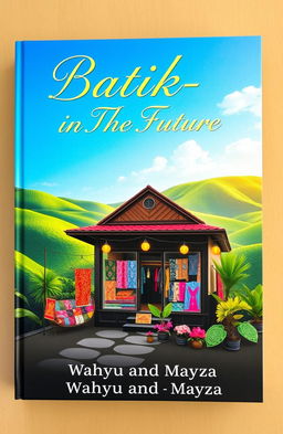 An aesthetic book cover for the title 'Batik-in The Future' featuring an enchanting batik shop surrounded by beautiful scenery
