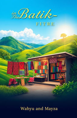 An aesthetic book cover for the title 'Batik-in The Future' featuring an enchanting batik shop surrounded by beautiful scenery