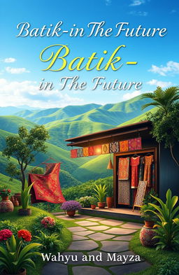 An aesthetic book cover for the title 'Batik-in The Future' featuring an enchanting batik shop surrounded by beautiful scenery