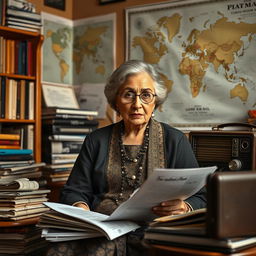 A wise and experienced older woman of Middle Eastern or North African descent, depicted as a political commentator