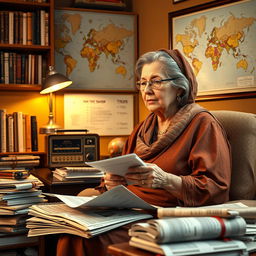 A wise and experienced older woman of Middle Eastern or North African descent, depicted as a political commentator