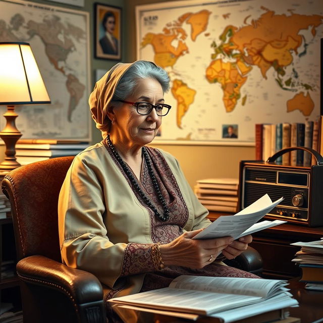 A wise and experienced older woman of Middle Eastern or North African descent, depicted as a political commentator