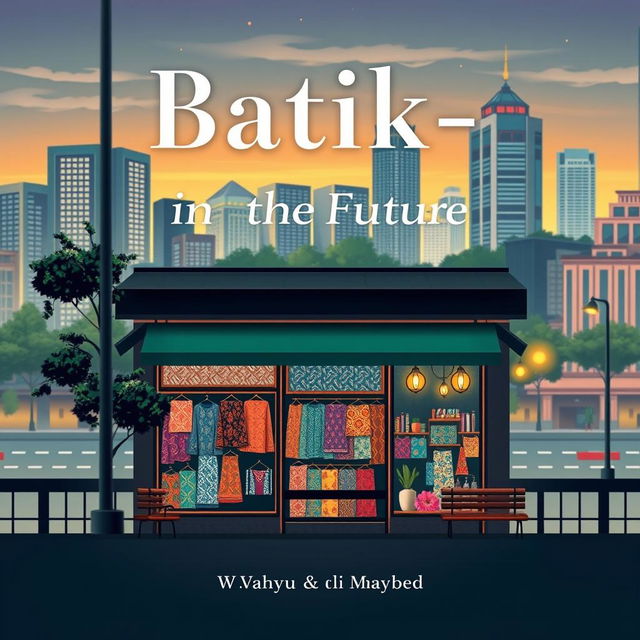 An aesthetic book cover for the title 'Batik-in The Future' featuring a charming batik shop set against an urban cityscape backdrop