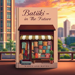 An aesthetic book cover for the title 'Batik-in The Future' featuring a charming batik shop set against an urban cityscape backdrop