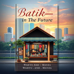 An aesthetic book cover for the title 'Batik-in The Future' featuring a charming batik shop set against an urban cityscape backdrop