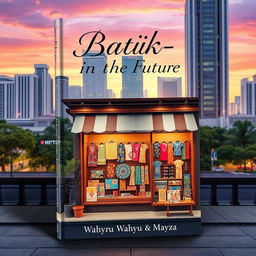 An aesthetic book cover for the title 'Batik-in The Future' featuring a charming batik shop set against an urban cityscape backdrop