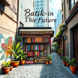 An aesthetic book cover for the title 'Batik-in The Future' featuring a charming batik shop located at the corner of a city alley