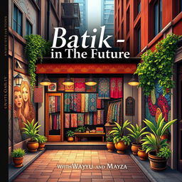 An aesthetic book cover for the title 'Batik-in The Future' featuring a charming batik shop located at the corner of a city alley