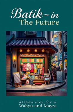 An aesthetic book cover for "Batik-in The Future" featuring an exquisite batik shop located at the corner of a bustling city alley