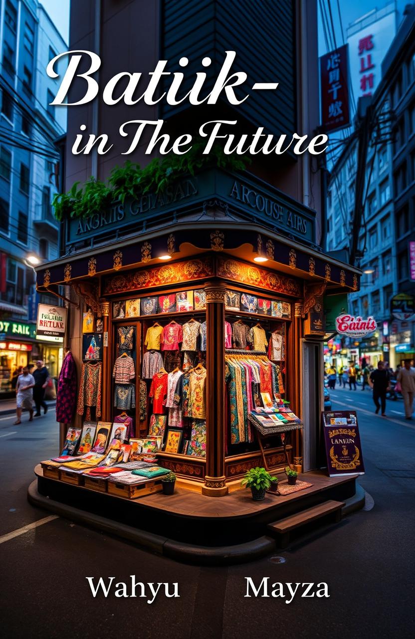 An aesthetic book cover for "Batik-in The Future" featuring an exquisite batik shop located at the corner of a bustling city alley