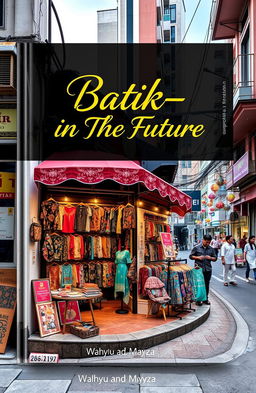 An aesthetic book cover for "Batik-in The Future" featuring an exquisite batik shop located at the corner of a bustling city alley