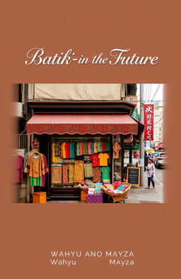 An aesthetic book cover for "Batik-in The Future" featuring an exquisite batik shop located at the corner of a bustling city alley