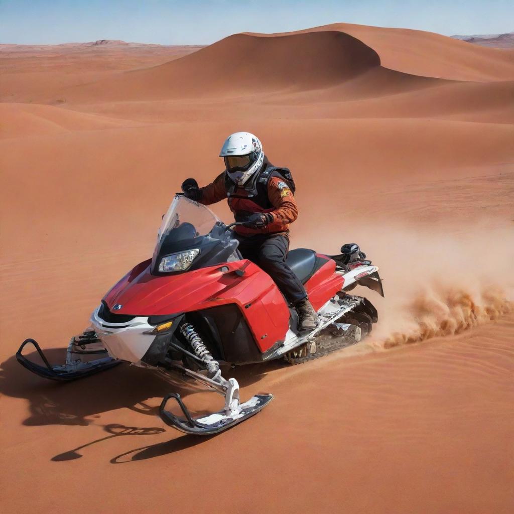 A cartoon-style image showing the thrilling adventure of driving a snowmobile on the red dunes of Mars.