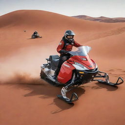 A cartoon-style image showing the thrilling adventure of driving a snowmobile on the red dunes of Mars.