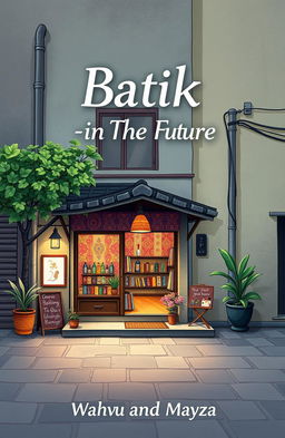 Aesthetic book cover for a title "Batik-in The Future", featuring a charming batik store located at the corner of an urban alley, surrounded by beautiful scenery
