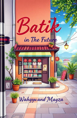 Aesthetic book cover for a title "Batik-in The Future", featuring a charming batik store located at the corner of an urban alley, surrounded by beautiful scenery